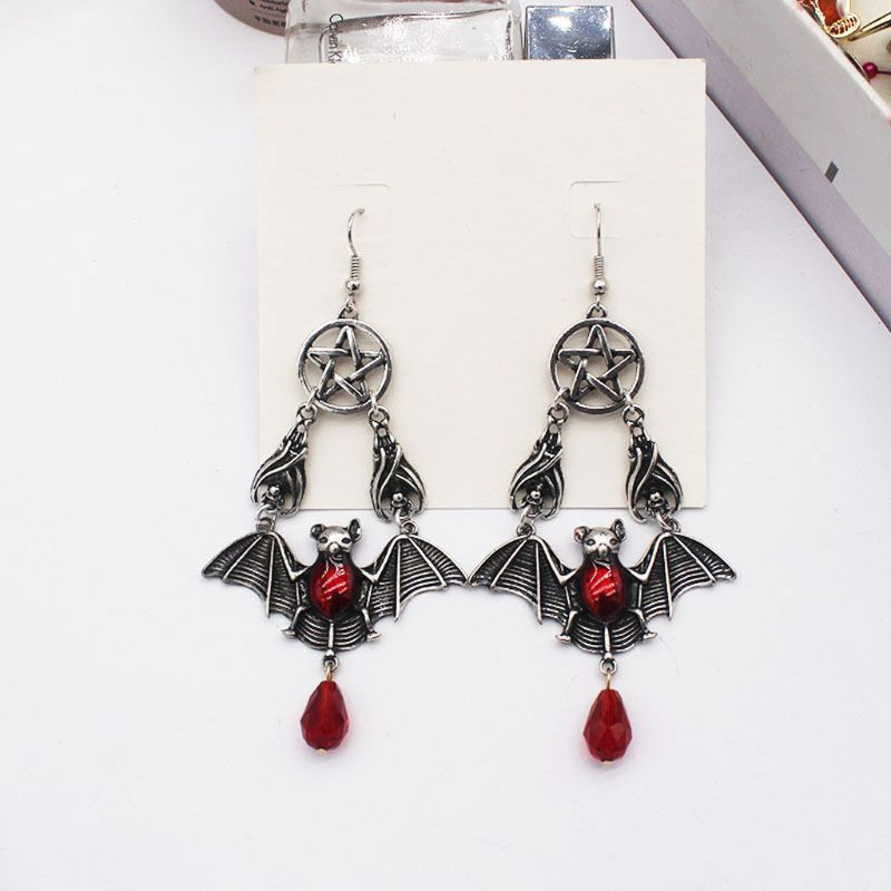 san* Vintage Silver Red Vampire Bat Pendant Drop Earrings Gothic Victorian Jewelry