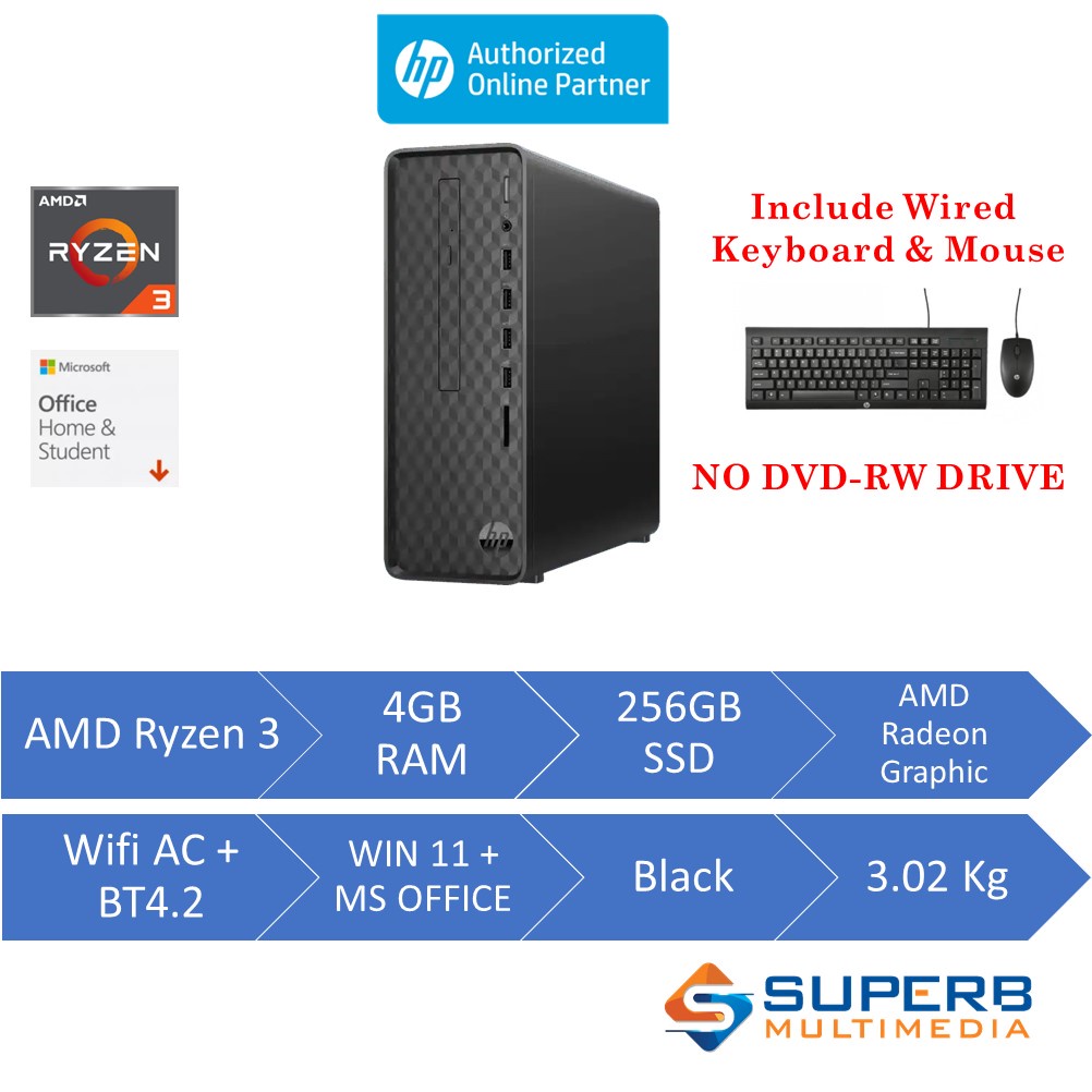 HP Slim Desktop S01aF0003d PC (AMD Ryzen 3, 4gb ram, 256gb ssd, amd