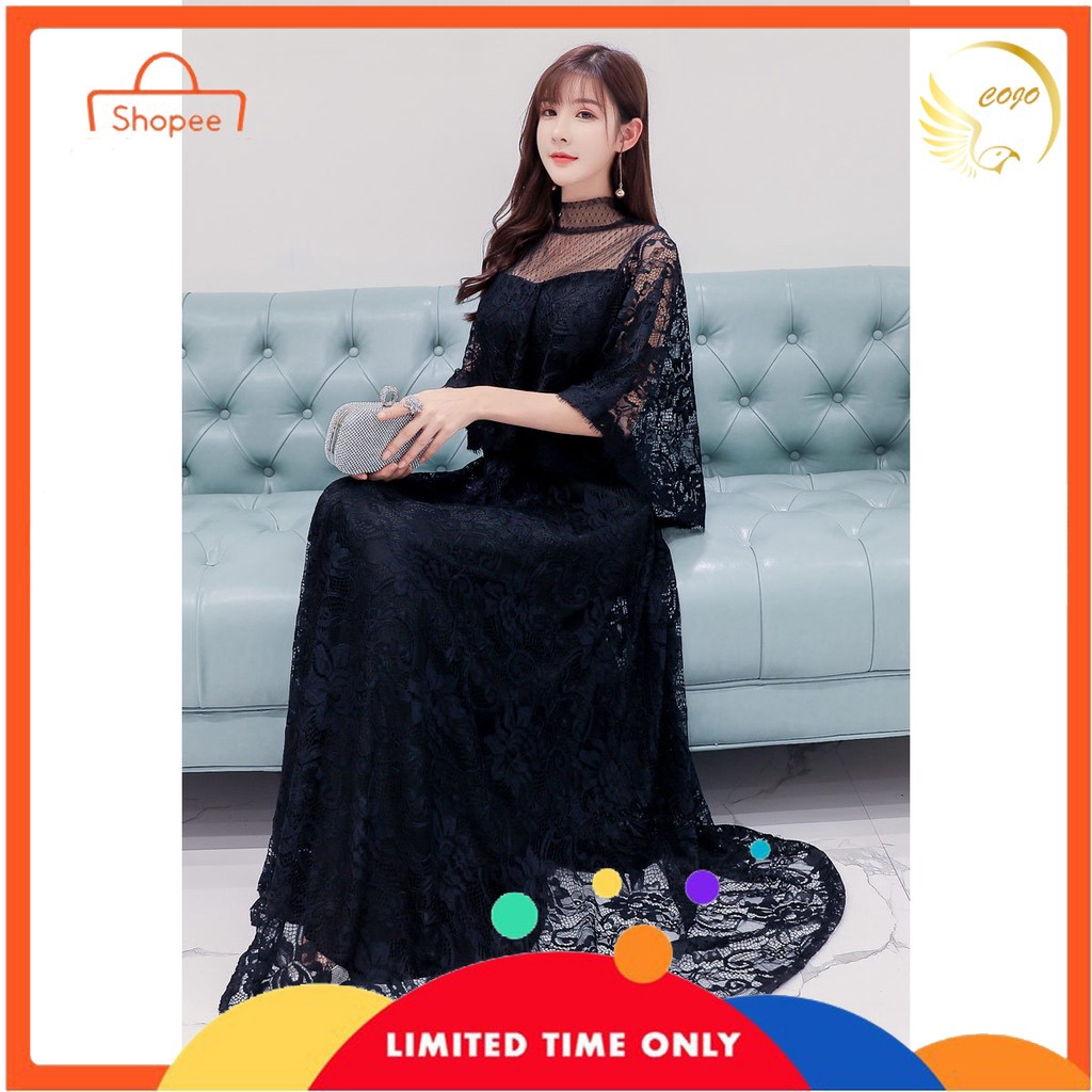 Lace Embroidery Batwing Plaid Long Dress Women Girl Dinner Wedding