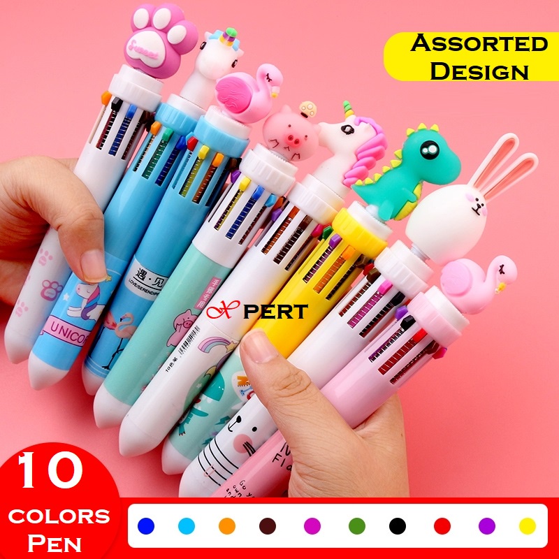 10 in 1 Cartoon Pen 10 color Retractable Unicorn Dinosaur ten colors kids  cute kawaii ball student Multi color animal | Shopee Malaysia