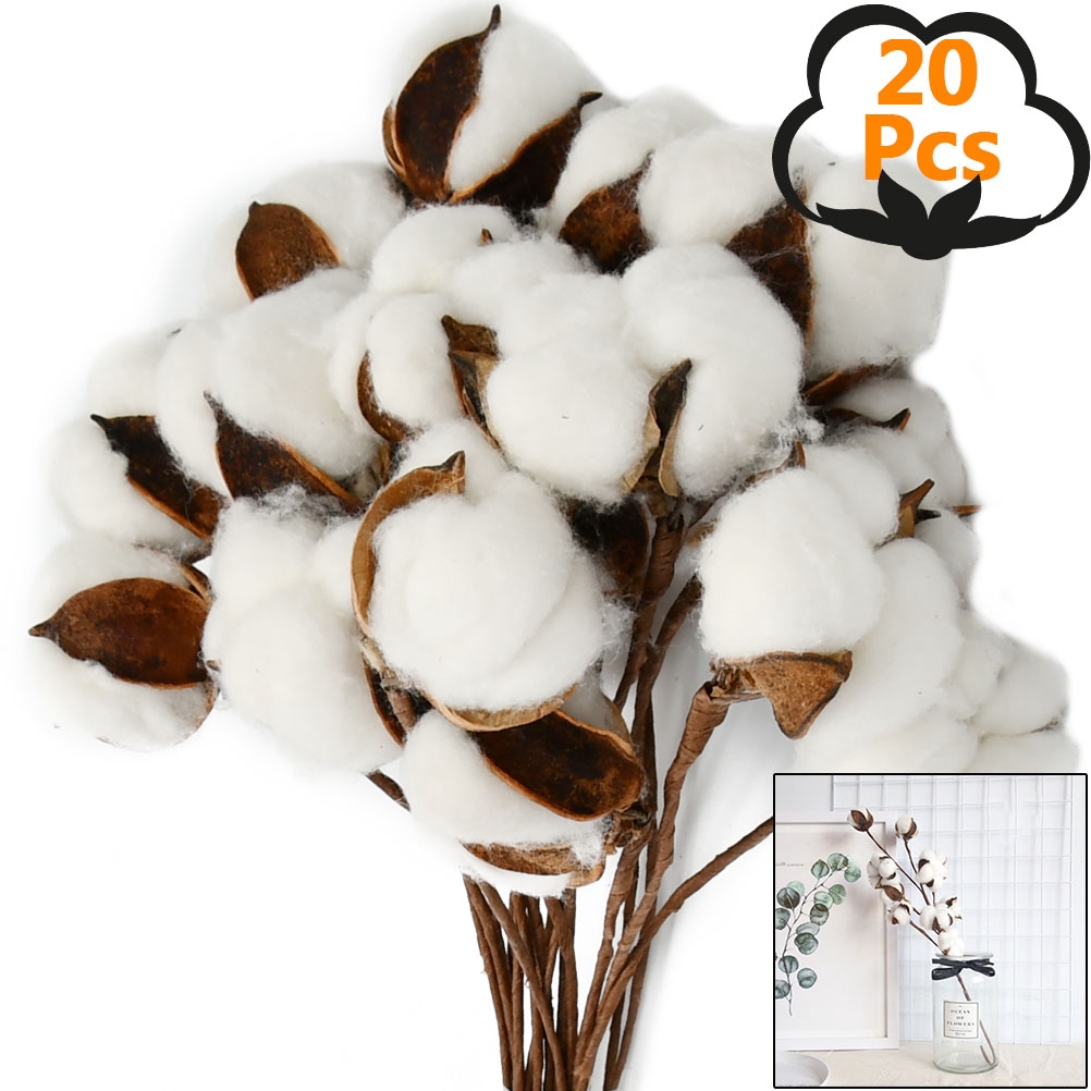 20 Pack Rustic Natural Cotton Bolls With Faux Tall Stems Cotton