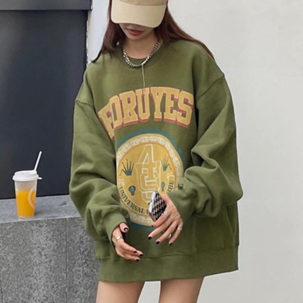 American Vintage Street Army Green Round Neck Plus Size Sweater Autumn Women Retro Oversized Long-sleeve Sweatshirt Top