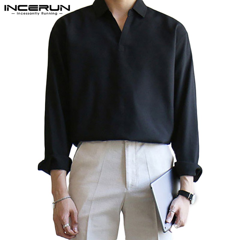 INCERUN Men Fashion Autumn Long Sleeve Lapel Solid Color Shirt