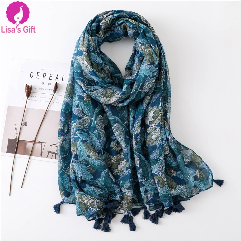 ‍♀️Cool girl comfy cotton shawl blue leaf printed wideshawl muslim fashion headwrap instant hijabs viscose scarf