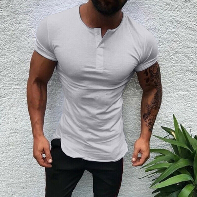 XShing Mens Short Sleeve V Neck Henley Shirts Slim Fit Casual Muscle Tee Sports 