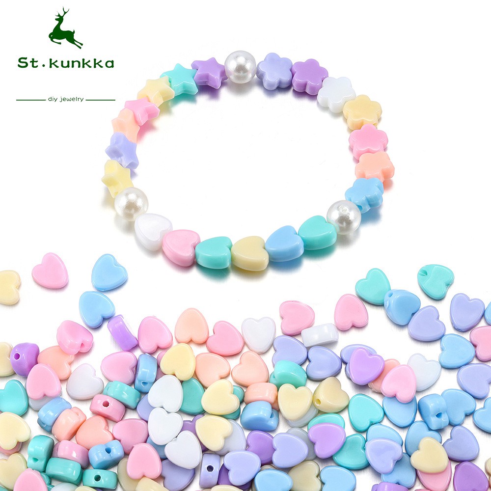 St.kunkka 100pcs Acrylic Charm Beads Heart Flower Star Shape Beads DIY Making Bracelets Necklace Loose Beads Jewelry Findings