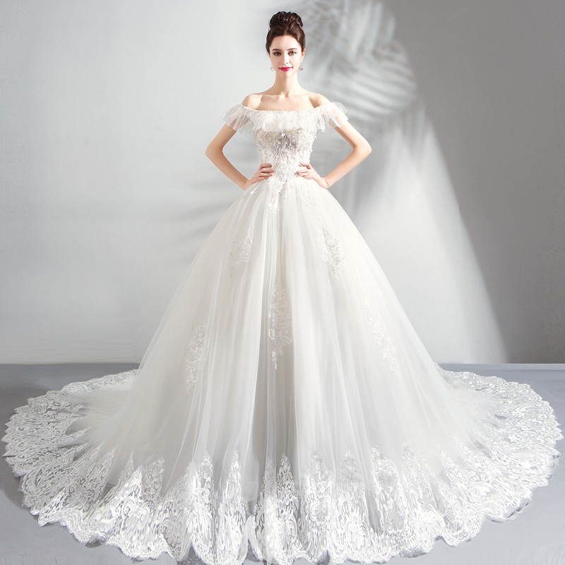 Xs 3xl Off Shoulder White Trailing Princess Puffy Bridal Pre