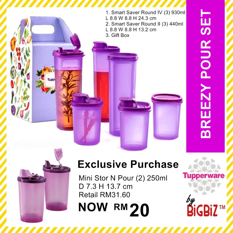 Original TUPPERWARE Breezy Pour Set with Add-On Mini Stor N Pour 2x 250ml [Ready Stock]