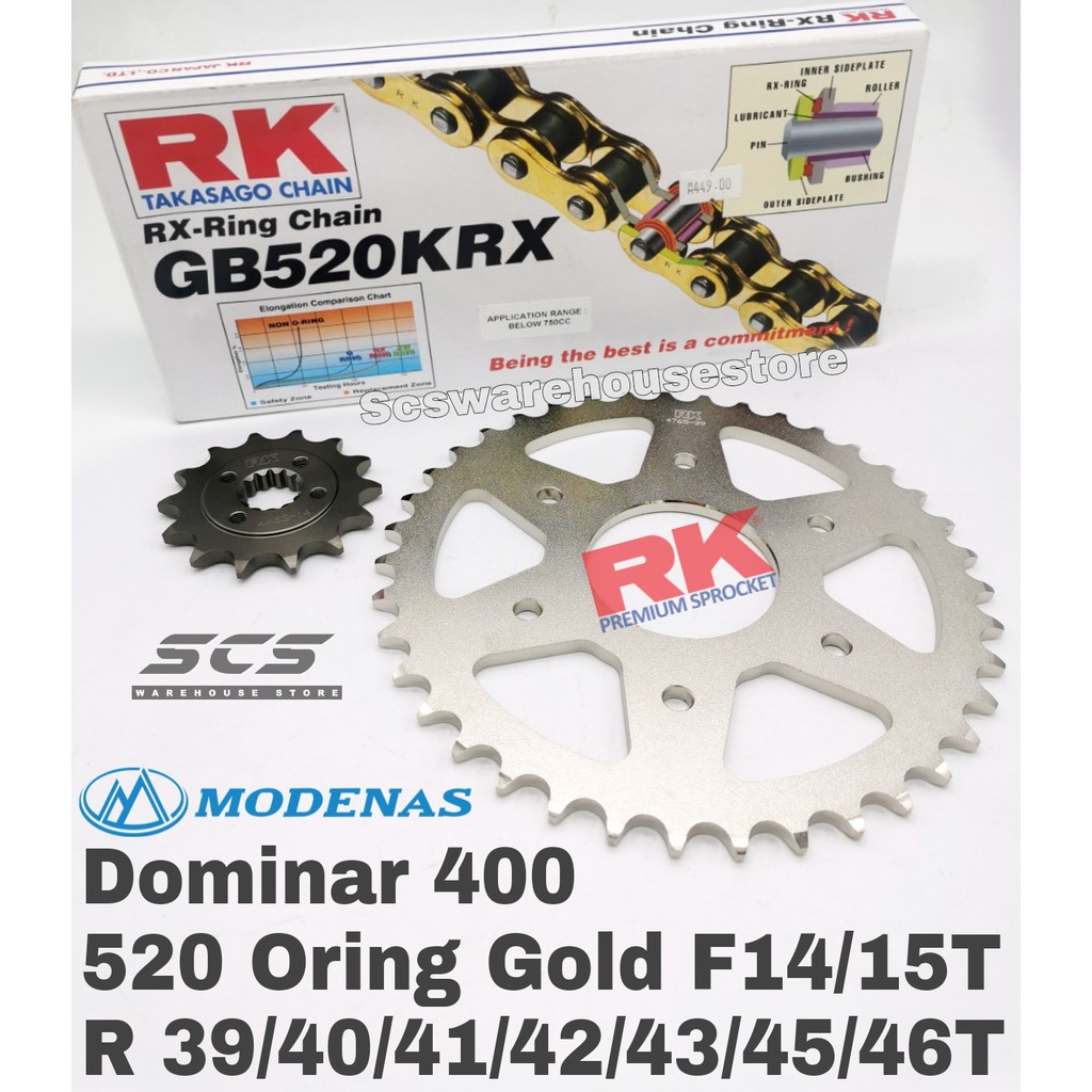 RK Sprocket Set Modenas Dominar 400 520 KRX XRing Rivet Gold Chain 14