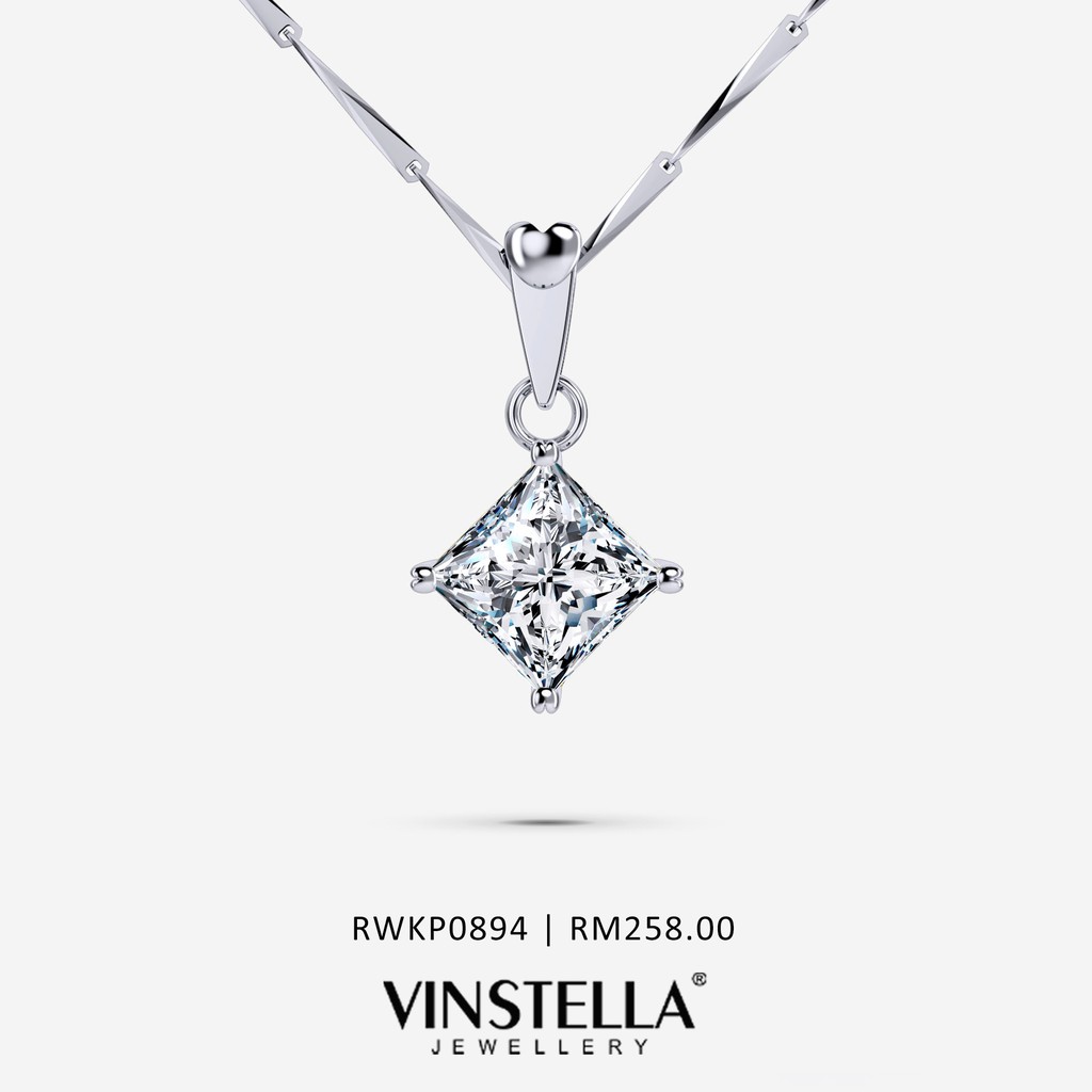 VINSTELLA Princess Cut Quartz Diamond Pendant 18K White Gold