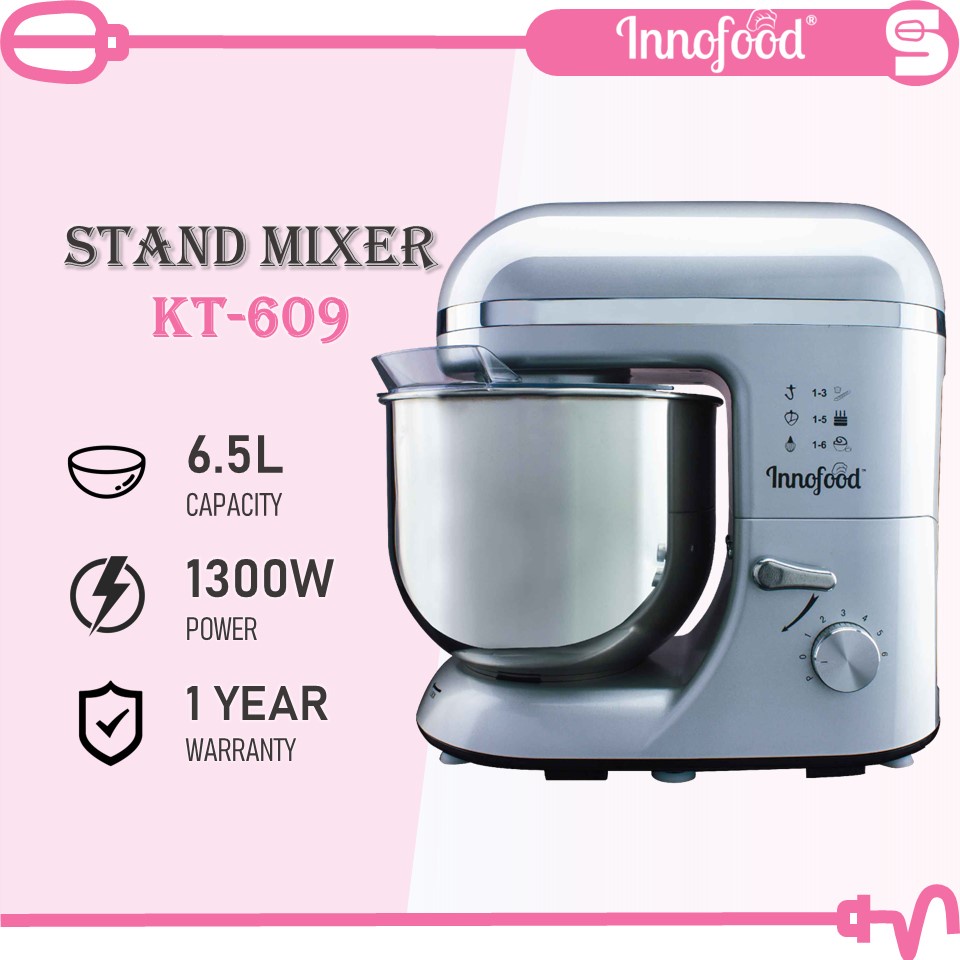 INNOFOOD Stand Mixer KT609 Silver (6.5L/1300W) Whisk Flat Beater