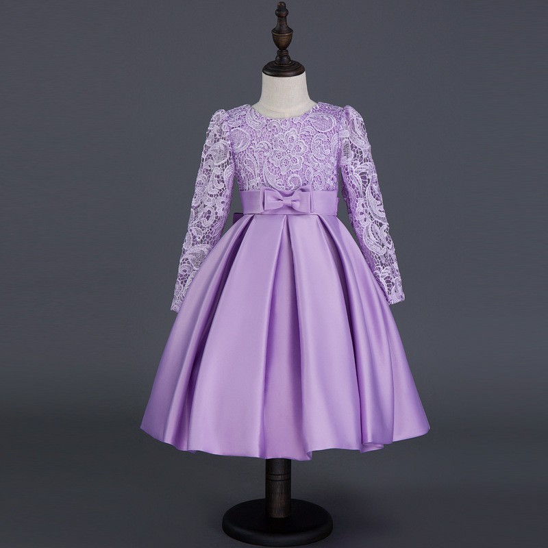 Purple Flower Girl Dresses For Weddings Long Lace Sleeve Girls