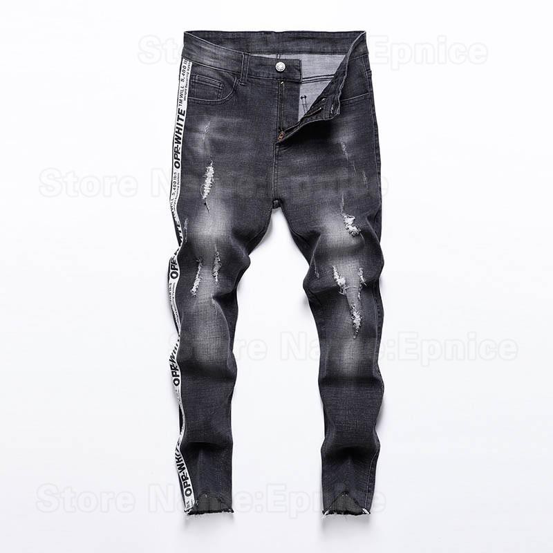 Side Striped Men S Faded Dark Grey Ripped Jeans Ankle Length Pants For Men