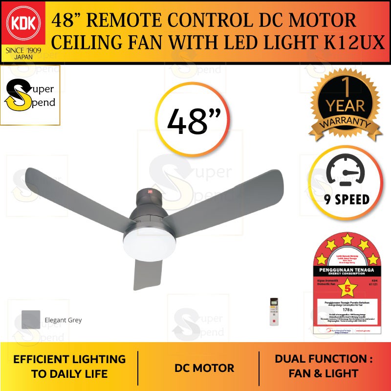 KDK K12UX Remote Control DC Motor Ceiling Fan with LED Light (48