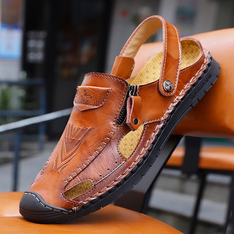 menico men hand stitching soft outdoor closed toe leather sandals