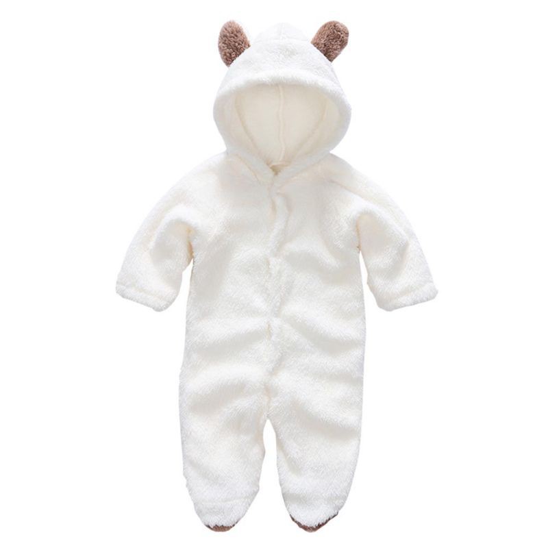 shopee: Baju Baby Warm Coral Fleece Jumpsuit Romper Hooded Bodysuit (0:0:color:white;1:0:size:S (0-3 Months))