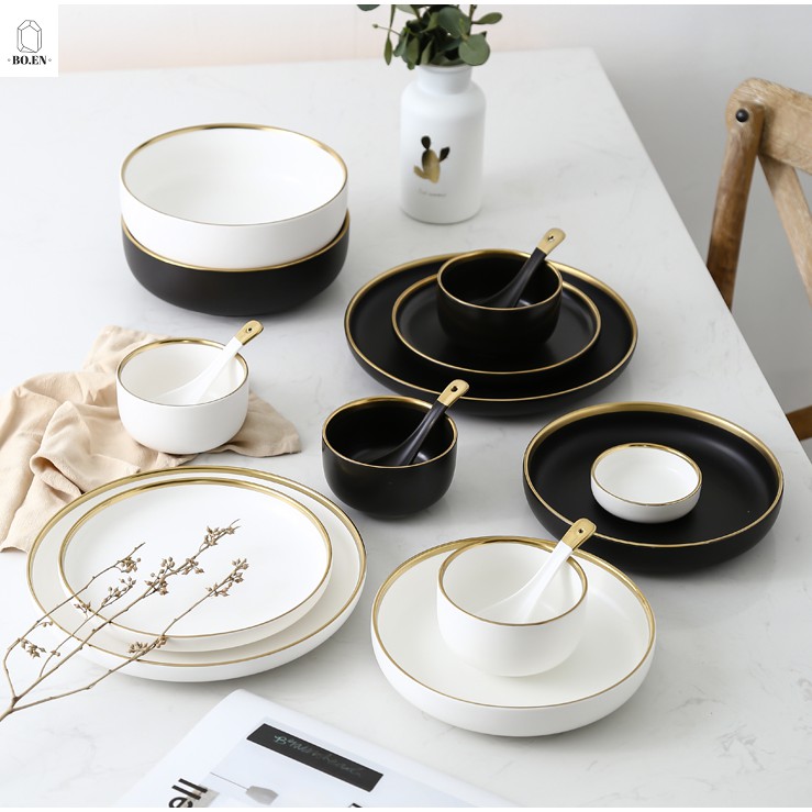 BO.EN ** Matte Black & White Nordic Luxury Set Ceramic Tableware Dinnerware Set Gold Rim Dinner Plate / Bowl / Spoon