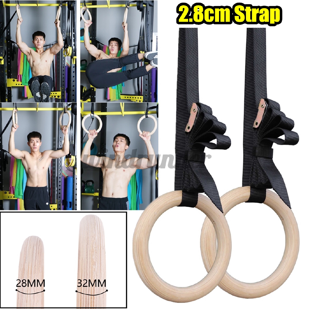 2pcs Birch Wood Gymnastic Rings Nylon Straps With Buckles Fitness Pull Ups Dips 