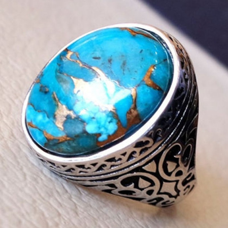 Fancyqube New Style Earring Vintage Antique Silver Turquoises Ring for Men Women Ring For Gift