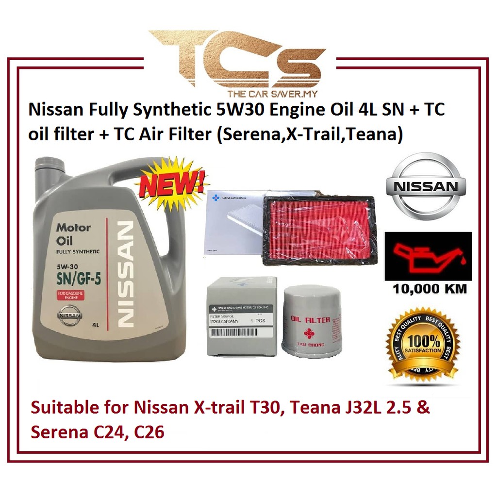 Nissan Fully Syn 5W30 Engine Oil 4L SN+ TC oil & Air Filter (Serena,Xtrail,Teana)