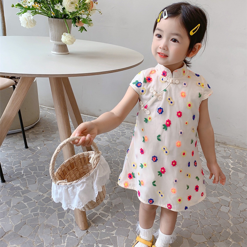 CNY Summer Girls Embroidered Flower Cheongsam Dress Kids Ancient ...