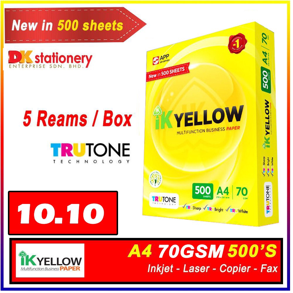 Ik Yellow A4 Copier Paper 70Gsm 450's / 500's | Shopee ...