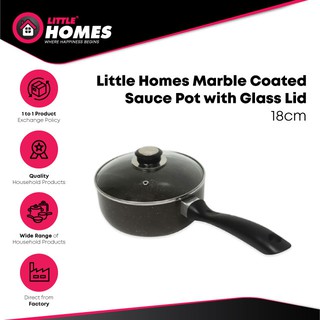 Little Homes Marble Coated 18cm Sauce Pot with Glass Lid for Easy Monitoring. Suitable for Gas and Electric Stoves