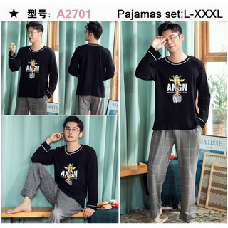 Men clothes baju tidur cotton pajamas set male plus size sleepwear long sleeve long pants pyjamas L-XXXL nightwear