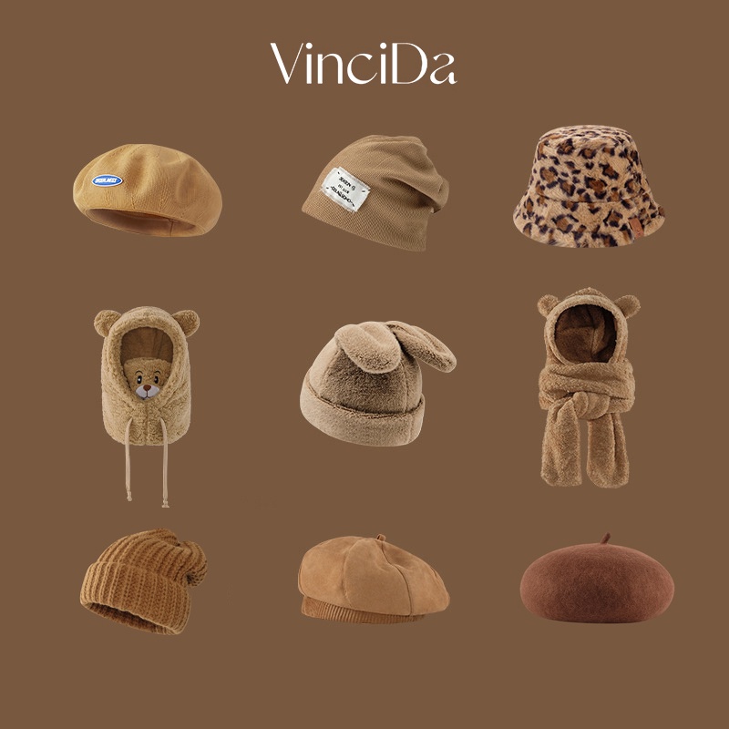 VinciDa Women Cute Hat Girl Warm Hat Fluffy Bunny Ears Hat Knitted Hat Berets Bear Bib Hat Woolen Hat Snow Cap Beanie