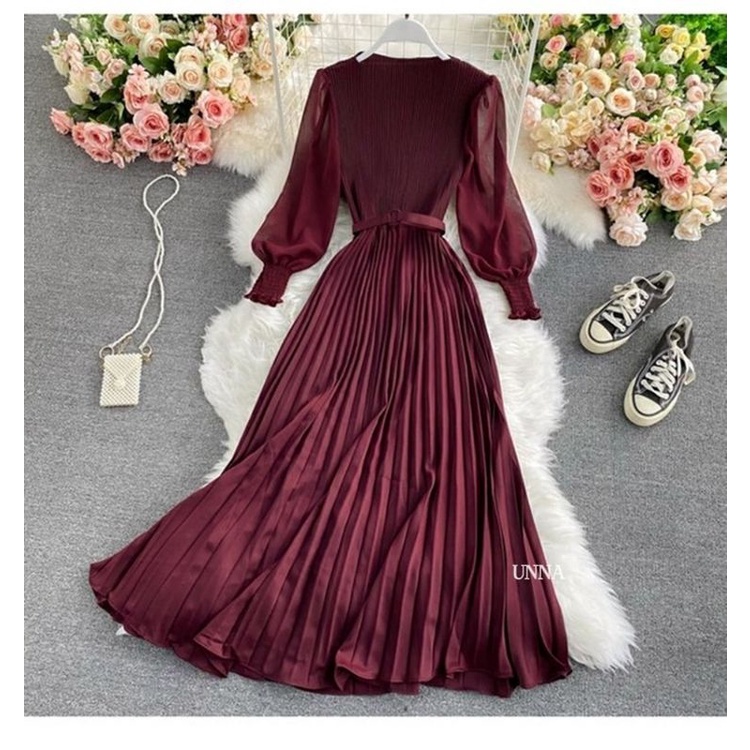 UNNAReadystock Autumn Fashion Long Dress Solid Color Pleated Maxi Dress Women Elegant Long Sleeve Dresses