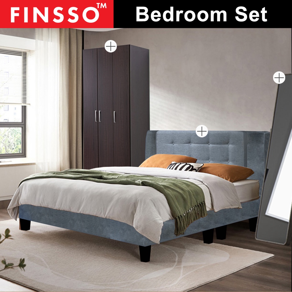 FINSSO: Lius Queen/ Single Divan Bed frame/ Standing Mirror/ 3 Door Wardrobe bedroom set