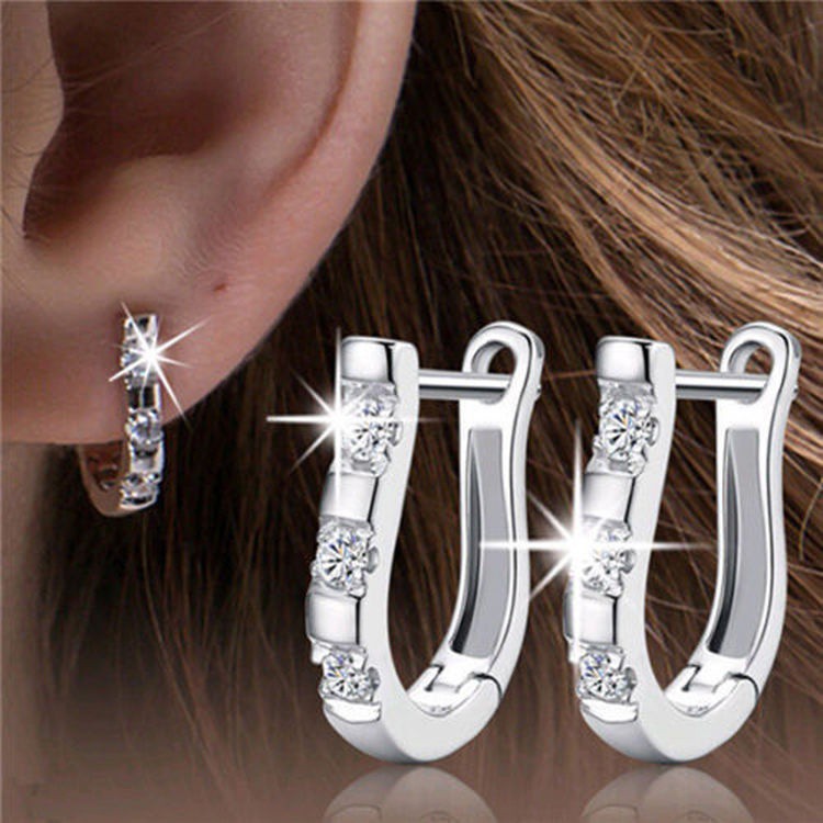 1 Pair Chic Sterling Silver Lady White Gemstones Women's Hoop Earrings 0489