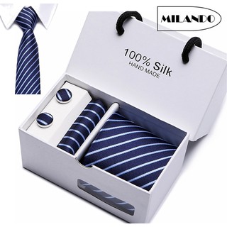 (4 Pieces) MILANDO Men Classic Silk Tie Necktie Pocket Square Cufflink Gift Box (Type 1)