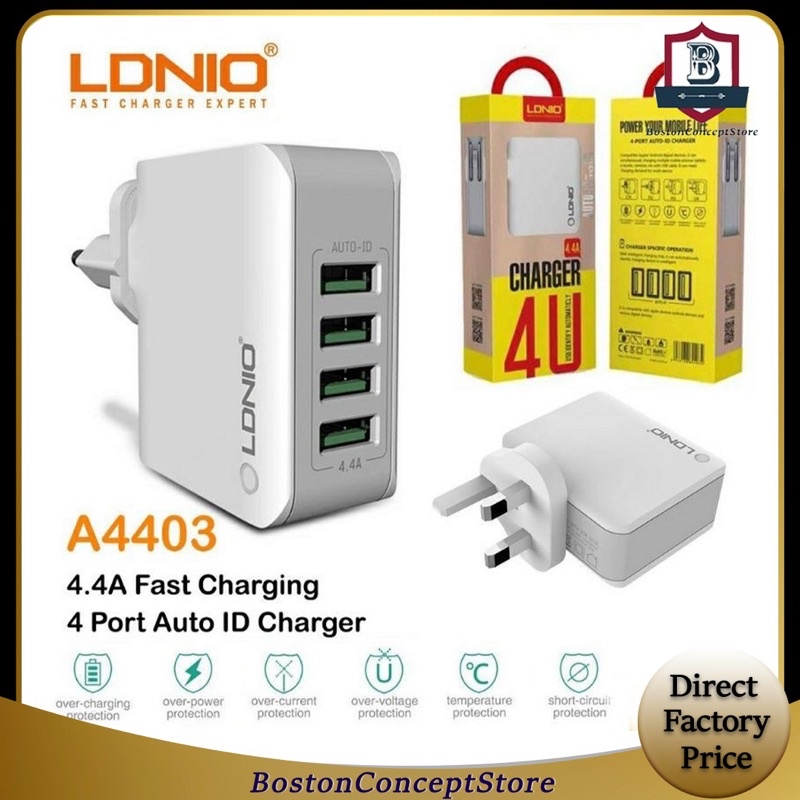 LDNIO A4403 4 4A Quadruple 4 USB Output Port Auto ID USB Charger UK 3