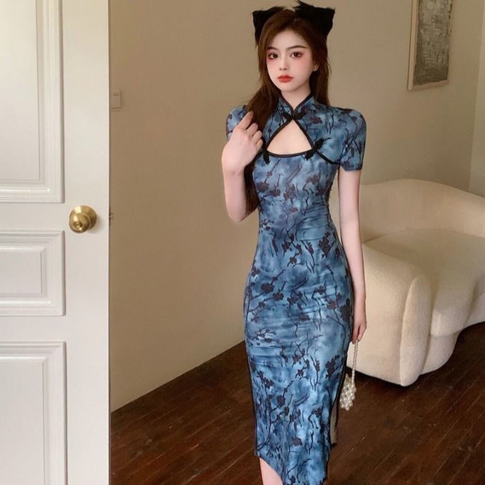 blue chinese silk dress