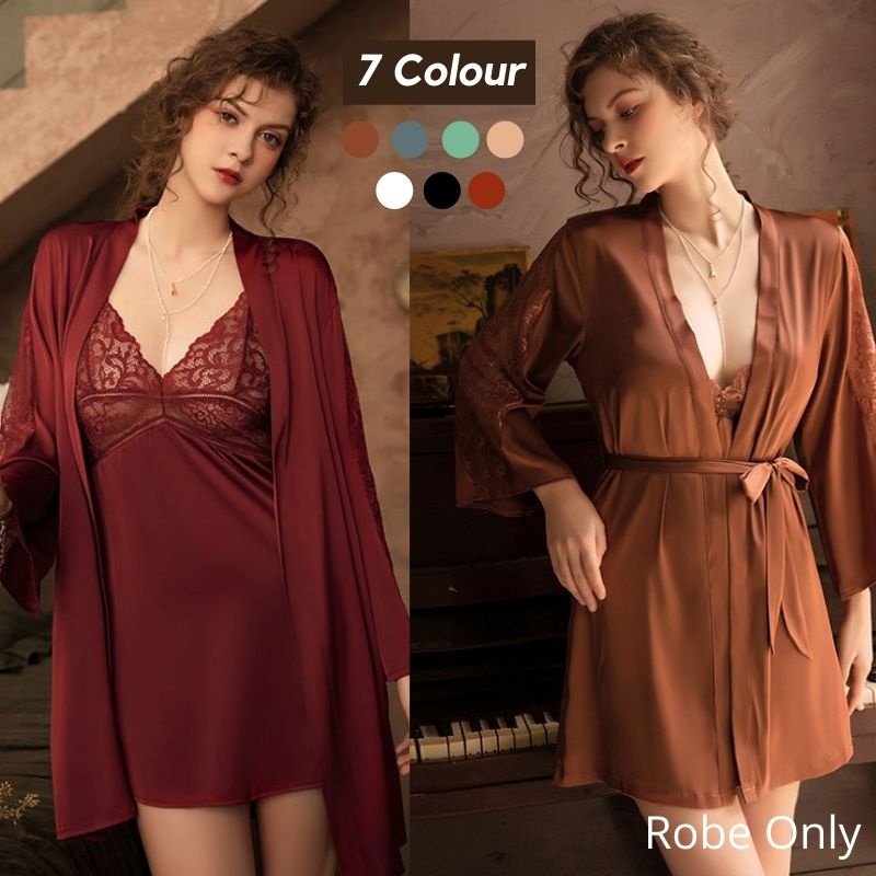 READY STOCK Plain Colour Satin Ice Silk Robes Sexy Lingerie Sleepwear Nightwear Pyjamas MS700B