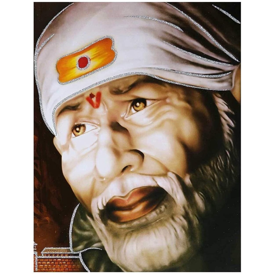 Shirdi Sai Baba Mukh Darshan Golden Zari Art Work Photo Poster Big ...