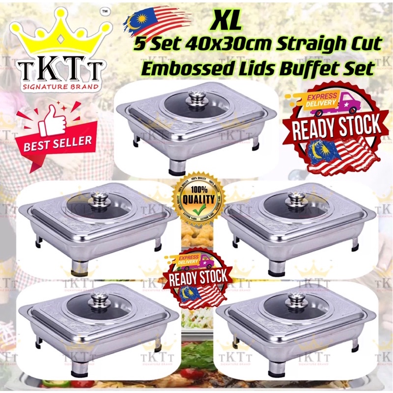 TKTT ™️ 5 Set 40x30 XL Embossed Stainless Steel Buffet Set Catering Serving Tray Food Pan Bekas Lauk Katering Serbaguna