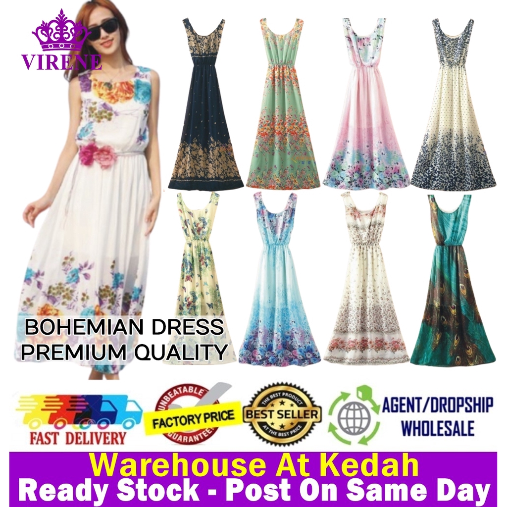 FREE SHIPPING! Ready Stock Korean Fashion Bohemian Chiffon Flora Design Long Dress 329988CPC