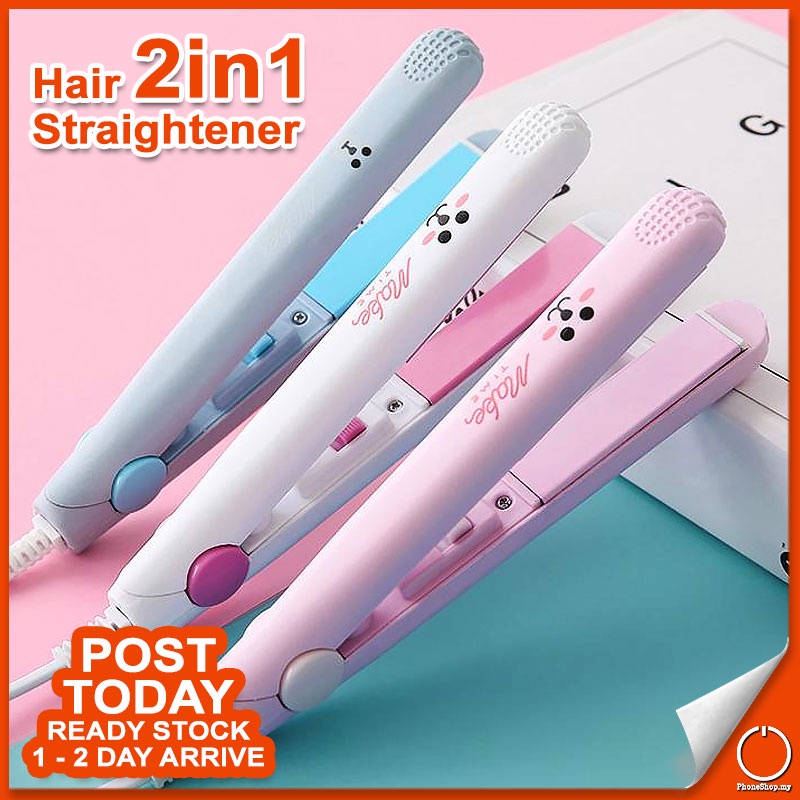 𝗞𝗢𝗥𝗘𝗔𝗡 2 in 1 Electric Mini Portable Cartoon Cute Hair Straightener Curler Iron Ceramic Styling Tools Fast Heating