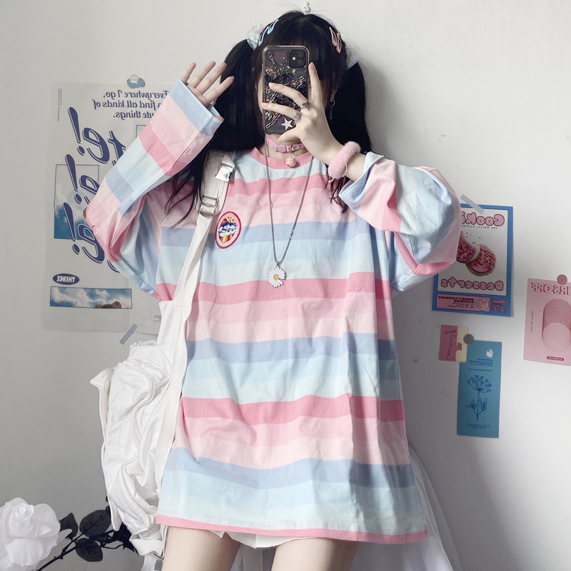 Autumn Long-sleeved Cute Rainbow T-shirt Oversize Top Striped Loose Bottoming Shirt Fashionable Korean Women's Clothing Baju Murah