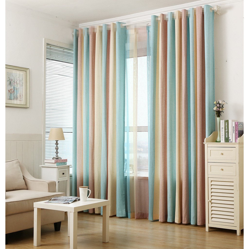 Set Of 2 Blue Yellow Brown Striped Modern Cotton Linen Curtain