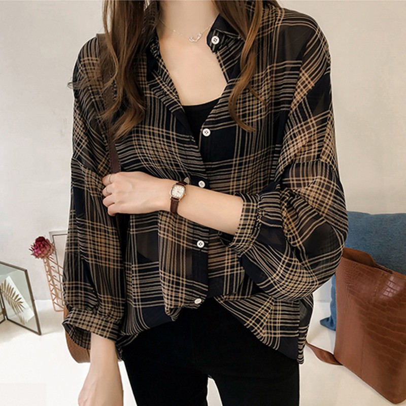 Korean Plaid Fashion Blouse  Plus Size baju  raya Women 