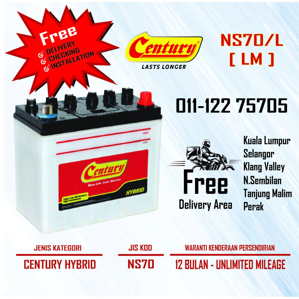 Century Hybrid Wet  NS70 / NS70L  Bateri Kereta Car ...