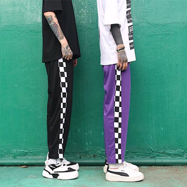 plaid joggers with stripe