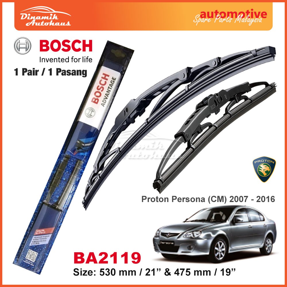 Proton Persona Car Year 2007 To 2016 Front Windscreen Wiper Size 21" & 19" Inch (1 Pair) Bosch Advantage BA2119 Wiper