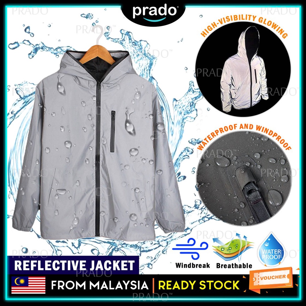 PRADO Reflective Jacket Waterproof Windbreaker Hooded Pantulan Cahaya