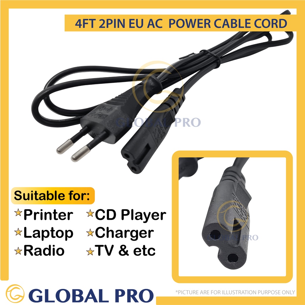 4FT EU 2 Pin AC CORD 2Prong Port Power Cable Cord Adapter Figure 8 for