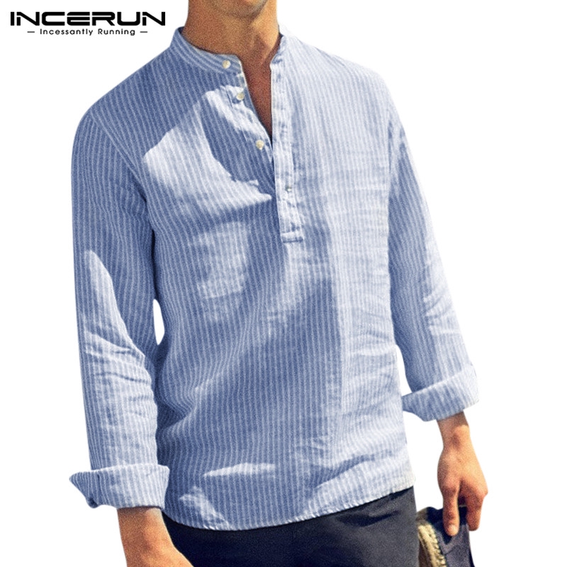 INCERUN Men's Casual Baggy Striped V-neck Long Sleeve Shirt | Shopee ...