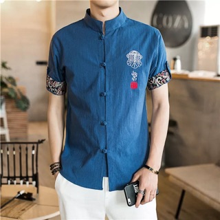 夏季中国风短袖透气衬衫男刺绣男士棉麻唐装中式复古盘扣立领衬衣